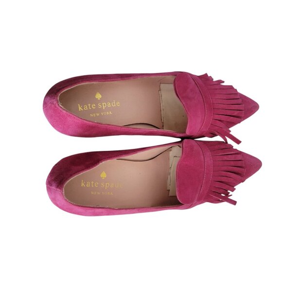 Women's Kate Spade Pink Fringe Chunky Heels Suede 7 - Picture 6 of 7